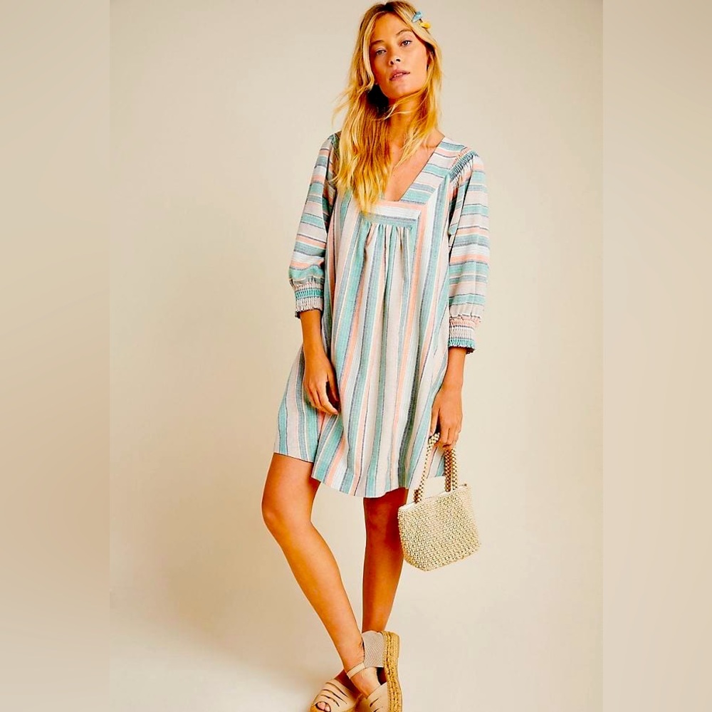 The ODELLS Anthropologie Perla Striped Smocked Mini Dress - Size Large